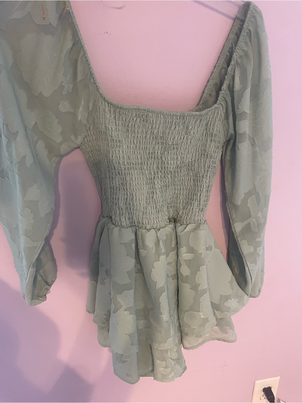Harper&Ivy Sage Green Floral Smocked Peplum Long-Sleeve Dress